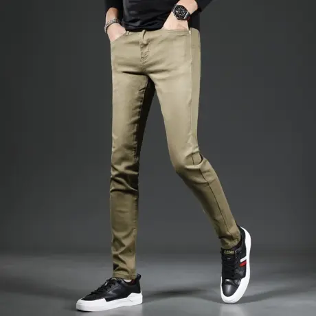 军绿色牛仔裤男秋季2023新款修身小脚时尚检查潮牌男士弹力裤子男图片