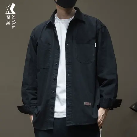 希越春季黑色休闲衬衫男长袖春秋款工装衬衣男士大码纯棉青年外套图片