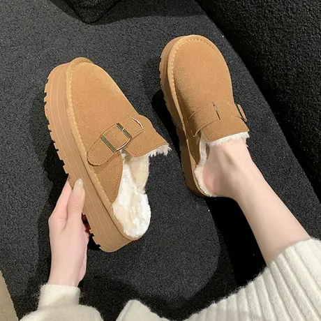 包头半拖鞋女冬季外穿厚底复古加绒勃肯2023新款羊羔毛毛棉拖爆款商品大图