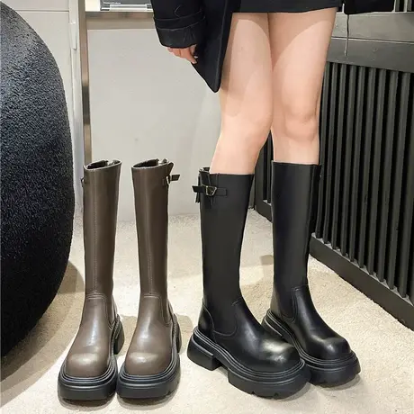 永希靴子女2023新款秋冬季新款爆款网红瘦瘦靴厚底粗跟西部骑士靴商品大图