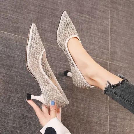 职业网纱透气法式高跟鞋女细跟2024新款春季百搭水钻尖头气质单鞋图片