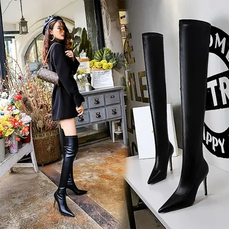 弹力长筒靴过膝靴女2024新款秋冬黑色软皮尖头细跟瘦瘦靴高筒长靴商品大图
