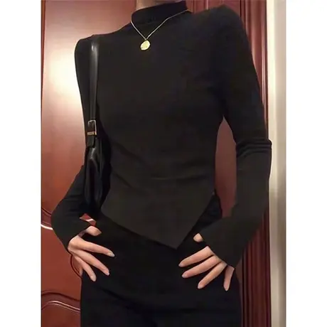 不规则下摆长袖T恤女秋冬洋气减龄修身短款打底衫外穿半高领上衣图片