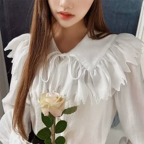 【直播】粉红大布娃娃荷叶边领长袖衬衫商品大图