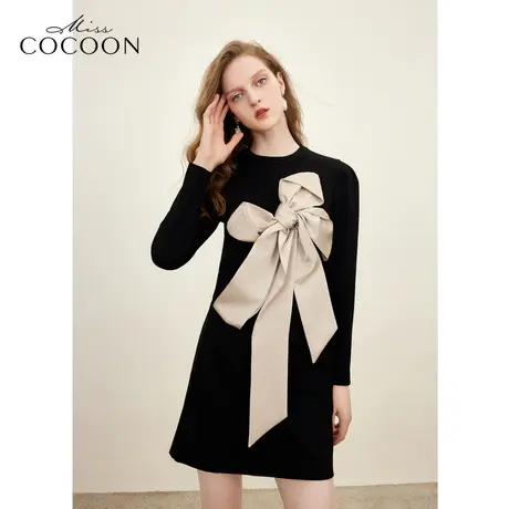 missCOCOON撞色大蝴蝶结针织连衣裙女2023秋季新款宽松圆领裙子冬图片