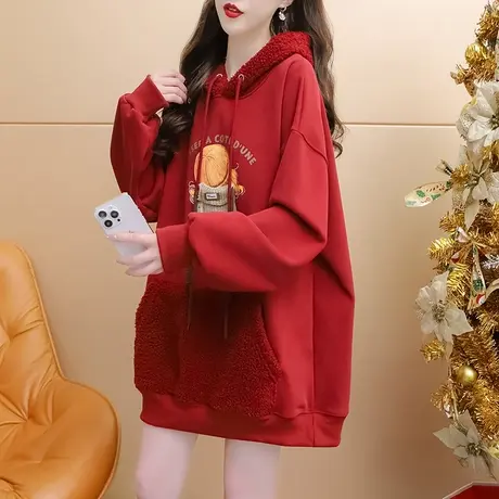 加绒加厚连帽卫衣女2024新款春季爆款时尚洋气减龄宽松设计感外套商品大图