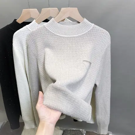 一体绒半高领毛衣女加绒厚打底衫2023秋冬新款亮丝针织衫内搭上衣商品大图