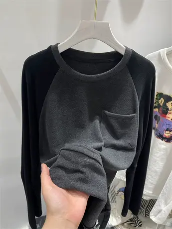 韩版圆领插肩袖拼色长袖T恤女2023年秋冬新款百搭显瘦磨毛打底衫图片