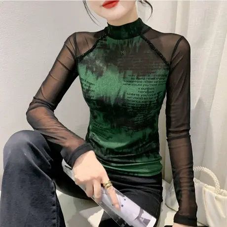 性感网纱半高领打底衫女长袖拼接手工钉珠气质内塔上衣修身T恤潮商品大图