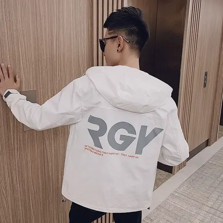 2022春季休闲连帽印花男装夹克网红潮牌快手帅气ins机车休闲外套商品大图