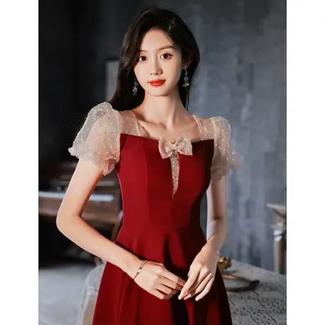 敬酒服新娘夏季酒红色结婚订婚回门小晚礼服连衣裙法式轻奢中长款图片