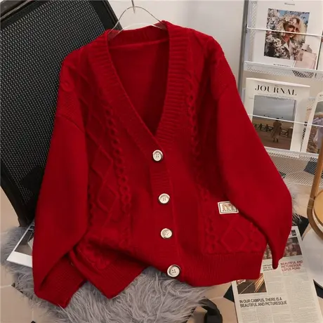 本命年新年红色毛衣女2024春装新款慵懒风针织开衫慵懒风外套女装商品大图