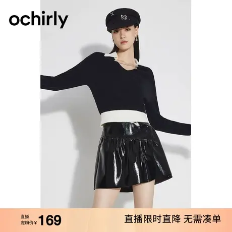 【直播专享】 欧时力 链条polo针织衫女秋装撞色v字翻领修身商品大图