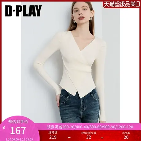 DPLAY春通勤杏色V领交叉叠门襟设计长袖捏褶套头针织衫毛衣女商品大图