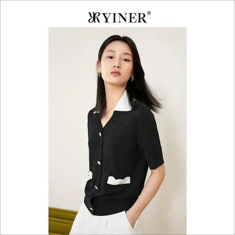 YINER音儿线上专选女装2022夏季条纹撞色波浪V领针织开衫商品大图