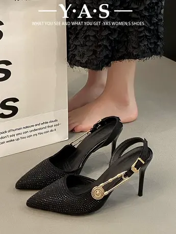 2024新款春季尖头细跟法式气质水钻高跟鞋女黑色金属一字带扣单鞋商品大图