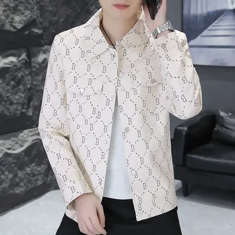 春秋季新款潮流印花格子夹克男士韩版高级感休闲短款风衣工装外套商品大图