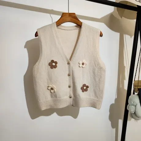小清新针织马甲开衫女2024春装新款韩版v领叠穿花朵毛衣背心外搭商品大图