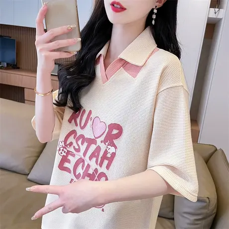 设计感小众短袖t恤女夏季韩版宽松大码女装拼色华夫格假两件上衣图片