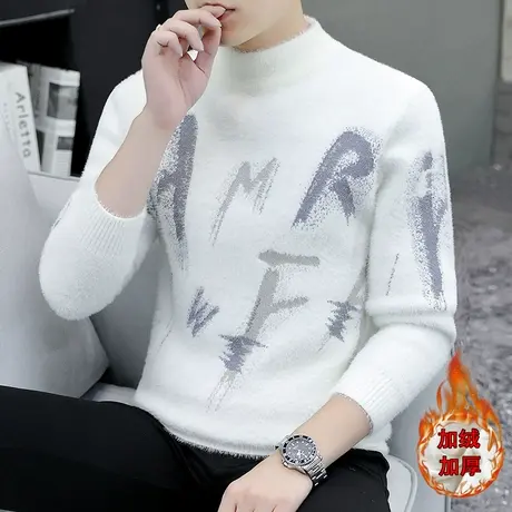 秋冬加绒针织衫男装潮流休闲撞色加厚水貂绒打底衫青少年学生毛衣商品大图