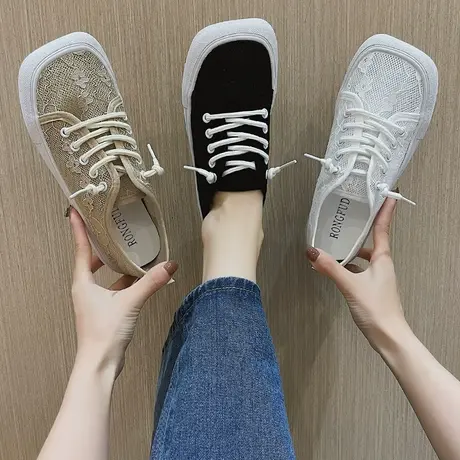 欧洲站方头帆布鞋女复古港味2021新款丑萌网纱平底网红爆款休闲鞋图片