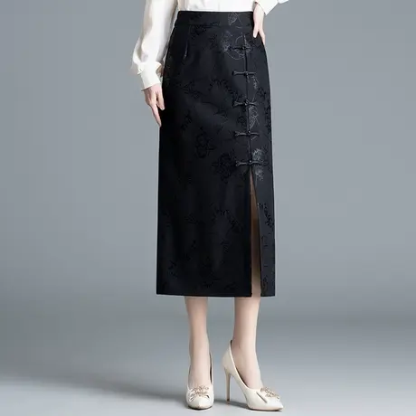 2024春季新款复古包臀半身裙女高腰气质盘扣开叉一步裙中长直筒裙商品大图