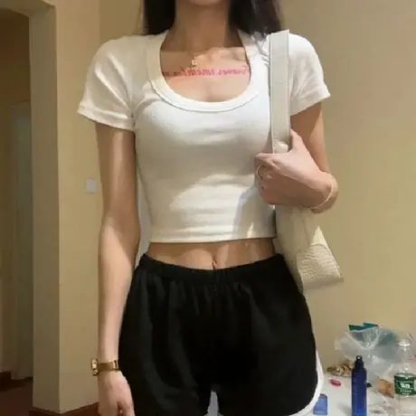 辣妹短款露脐U领打底小衫女夏季外穿内搭短袖T恤修身上衣半袖潮商品大图