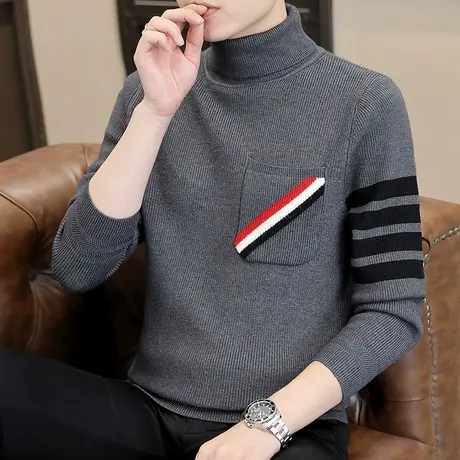 港士博可翻高领毛衣男潮流修身慵懒上衣服冬季加厚男装打底针织衫商品大图