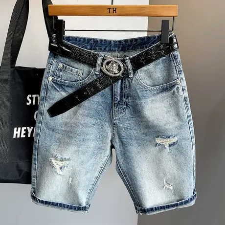 夏天破洞牛仔短裤男潮牌直筒宽松五分裤男中裤子男马裤韩版潮流薄商品大图