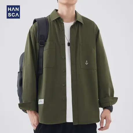 hansca春季新款翻领长袖衬衫男日系工装纯色宽松休闲口袋衬衣外套商品大图