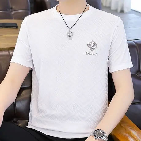 男士冰丝短袖T恤暗纹提花薄款高弹性半袖体恤加肥加大码冰凉男装商品大图