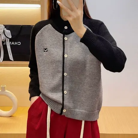 春装新款撞色插肩针织开衫女装2024洋气减龄宽松圆领短款毛衣外套图片