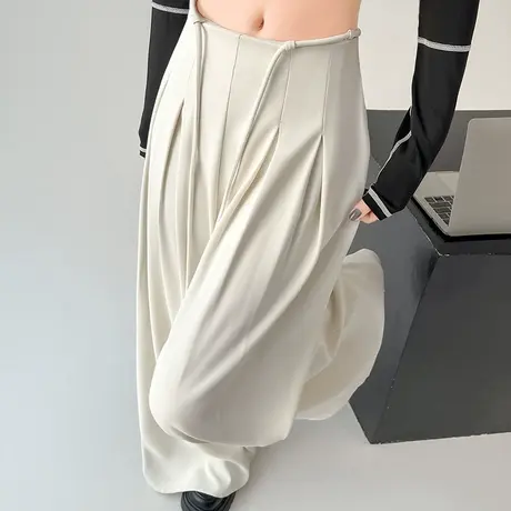 杏色绑带西装阔腿裤女春2024新款高腰宽松高级感垂感大脚拖地裤裙商品大图