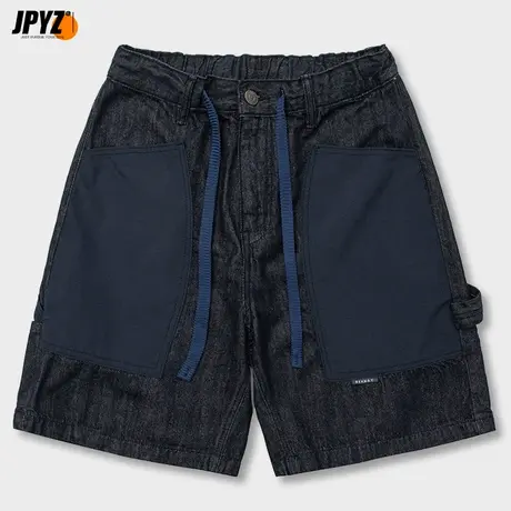 复古牛仔裤男款夏季直筒宽松潮牌拼接大口袋百搭休闲短裤子男生商品大图