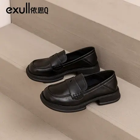 依思q黑色小皮鞋大头鞋女2024春秋新款粗跟增高厚底可踩后跟女鞋商品大图