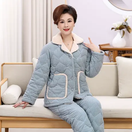 婷美2023新款秋冬中老年睡衣女三层加厚夹棉长毛绒保暖套装家居服商品大图