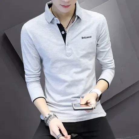 2023秋季新款棉感长袖T恤男士春秋装衬衫领上衣服潮流休闲POLO衫图片