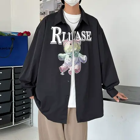 宽松时尚休闲长袖衬衫男秋季ins潮牌寸衫小熊印花帅气衬衣上衣服商品大图