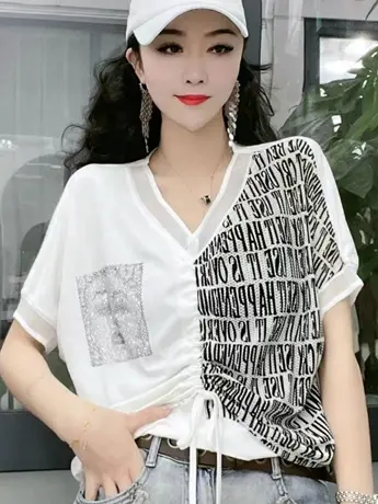 欧洲站夏季新款时尚V领拼接烫钻短袖T恤洋气遮肉显瘦气质减龄上衣商品大图