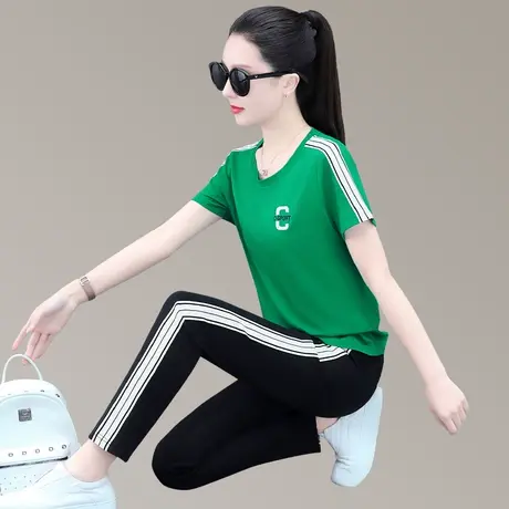 休闲运动服套装女2023年春夏新款时尚修身显瘦短袖长裤天丝两件套图片