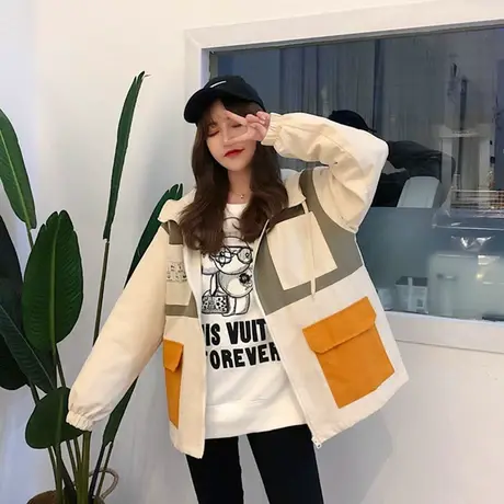 工装外套女2021流行韩版宽松春秋学生森系bf原宿风拼接连帽棒球服图片