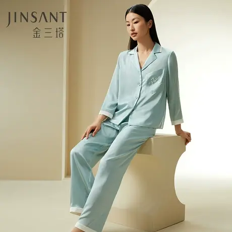 19姆米重磅蚕丝弹力双乔简约时尚刺绣衣裤套家居服睡衣金三塔新品图片