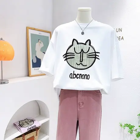 中长款遮肚子短袖上衣2023夏季新款韩版植绒猫咪纯棉T恤欧货大版商品大图