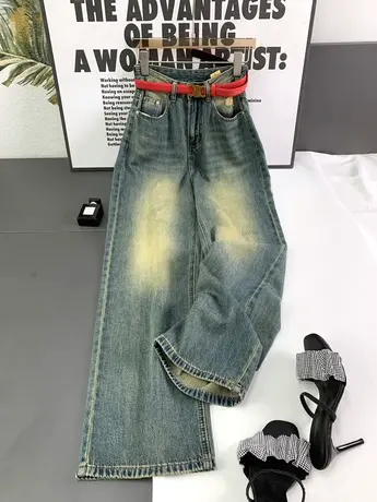 韩版水洗磨白高腰牛仔裤女2023夏季洋气时尚腰带复古显瘦直筒长裤商品大图