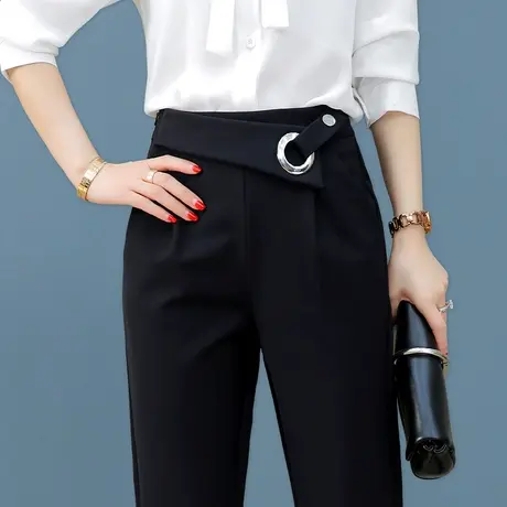 黑色休闲裤女春秋高腰哈伦裤显瘦直筒西装裤百搭小个子九分裤子图片