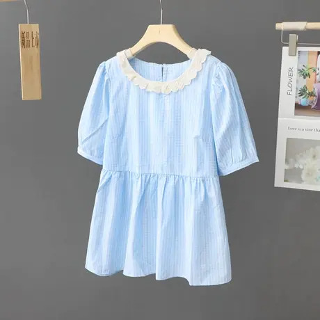 蕾丝花边领格子衬衫女短袖裙摆式法式衬衣夏季娃娃衫小个子上衣女图片