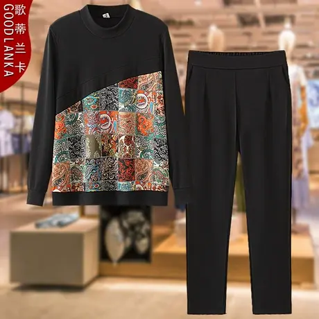 中年四五十岁妈妈春秋休闲裤套装洋气高贵大码女装印花上衣两件套商品大图