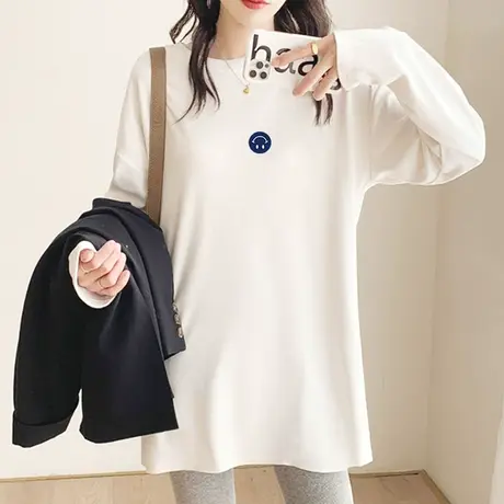 秋冬纯棉打底衫女中长款宽松上衣2022年韩版学生内搭加厚长袖t恤商品大图