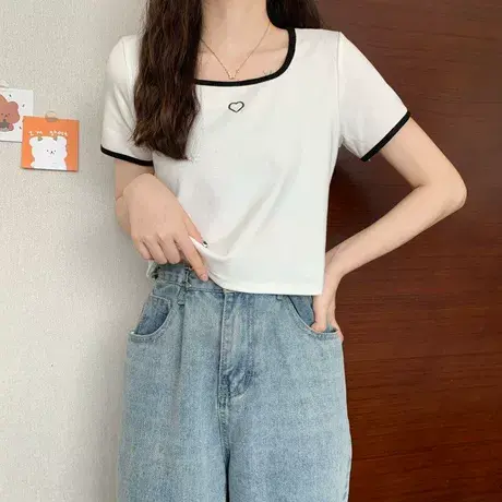 大码女装2023夏季新款胖mm遮肚上衣藏肉显瘦撞色方领正肩短袖t恤商品大图