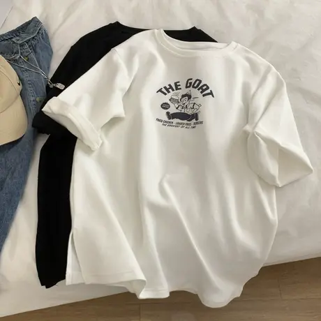 韩版卡通字母印花加厚磨毛圆领短袖t恤女宽松显瘦百搭上衣打底衫图片